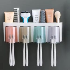 Premium Wall-Mounted Toothbrush Holder & Magnetic Cup Organizer – Multi-Functional Bathroom Storage Rack with Dust-Proof Inverted Cups