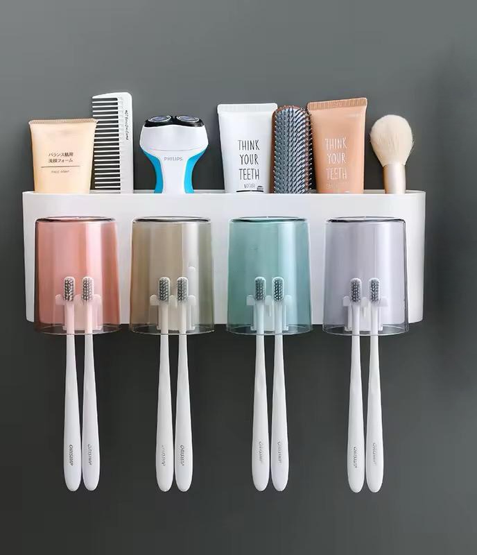 Premium Wall-Mounted Toothbrush Holder & Magnetic Cup Organizer – Multi-Functional Bathroom Storage Rack with Dust-Proof Inverted Cups